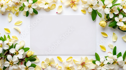 Elegant floral frame with white blossoms yellow petals and a blank white card