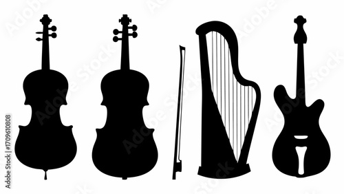 Illustration of string instruments including violins, a bow, a harp, and a guitar in black silhouette style