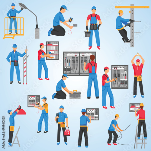 Flat Style Illustration Various Electrical Technician Worker Activity and Equipment