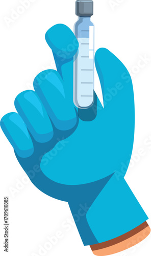 Hand wearing a blue glove holding a capped test tube containing clear liquid, possibly for scientific research or medical testing