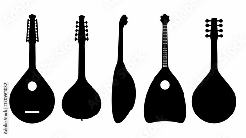 Silhouette depiction of five stringed instruments including bouzouki mandolin and lute variations