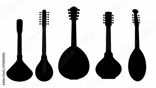Silhouette depiction of five stringed instruments with varying body shapes and neck configurations shown
