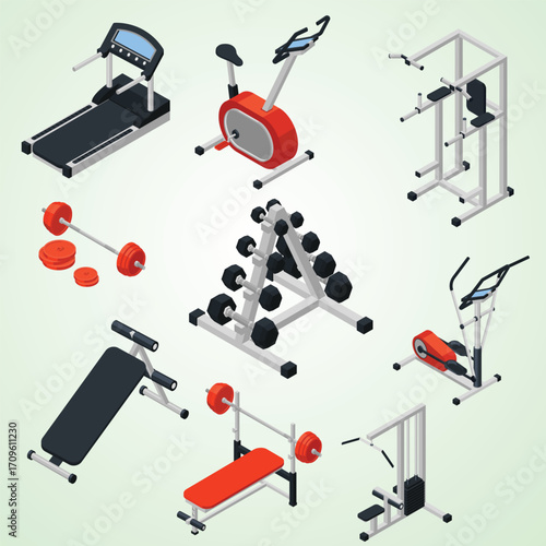 Isometric Gym Equipment Detailed Illustration in Simple Design and Bright Color