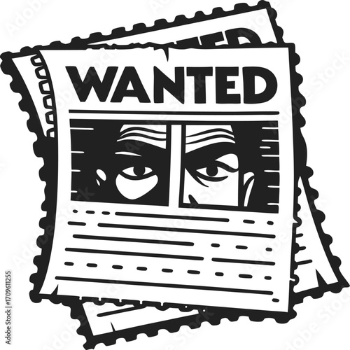 Wanted poster with suspicious eyes, criminal search, black and white illustration, detective investigation, law enforcement alert