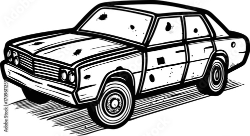 Classic retro sedan illustration with grunge texture old damaged four door car with vintage and bullet holes