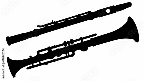 Silhouette depiction showing two wind instruments a clarinet and an oboe against a white color background
