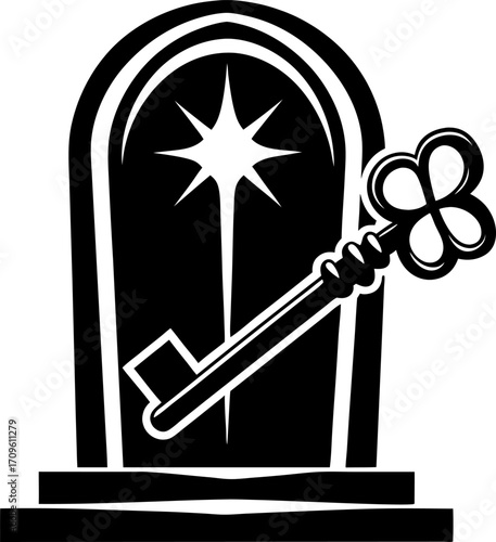Old key unlocking ancient door with star symbol mysterious gateway, opportunity, secrets, vintage object, security concept