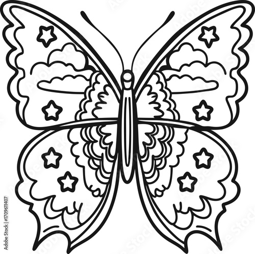 Butterfly line art illustration with decorative clouds and stars, symmetrical wings pattern, nature coloring book design