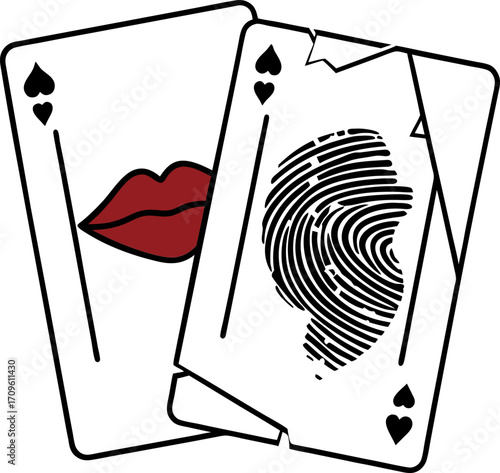 Two aces of spades with red lips and fingerprint designs, modern playing card concept, love and identity theme illustration