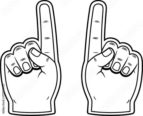 Two foam fingers with a white fill and black line pointing upward are isolated against a clean white background, ideal for sports, celebration, or fan-themed marketing materials.