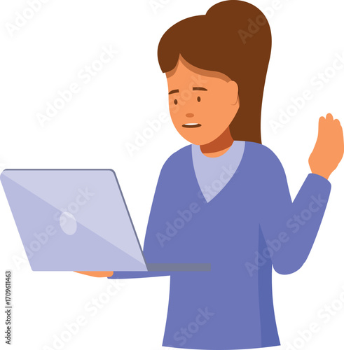 Young professional woman experiencing confusion while working on her laptop, raising her hand in a questioning gesture