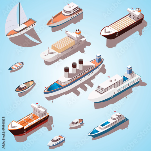 Isometric Detailed Ships and Boats Collection Various Styles Transportation