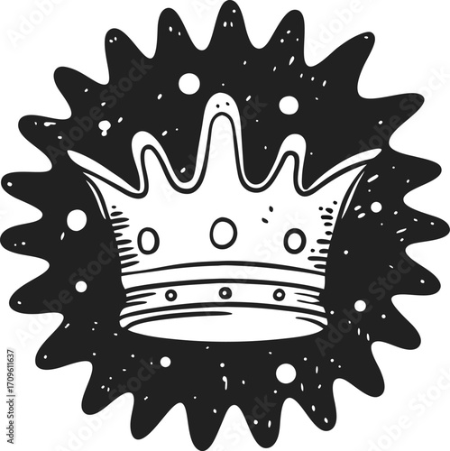 Hand drawn royal crown on abstract black splash background symbol of power, leadership, monarchy, vintage decorative design