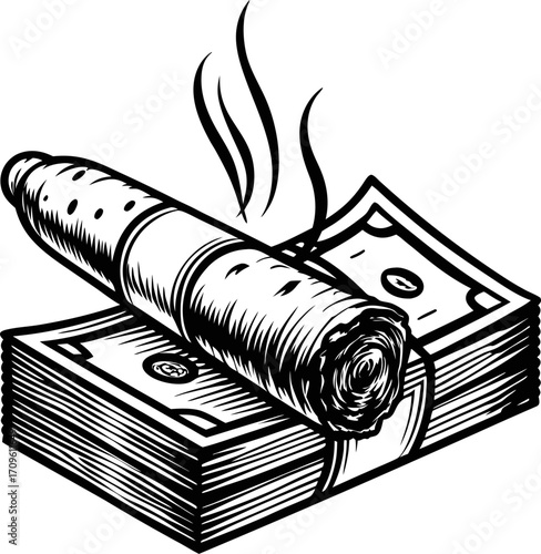 Smoldering cigar resting on stack of dollar bills wealth, luxury lifestyle, spending, financial success, exclusive indulgence