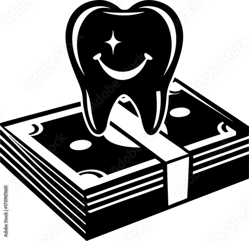 Happy tooth symbol with sparkling shine atop stack of money bills, dental cost and oral health financial concept illustration