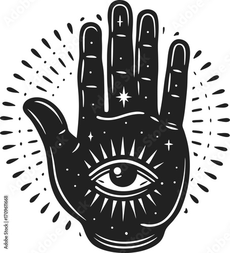 Mystical palm with open eye, celestial symbols and cosmic elements esoteric hand illustration for spirituality and occult themes