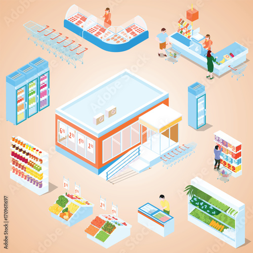 Isometric Detailed Grocery Store Building with People and Food Shelves Illustration