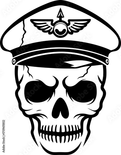 Skull in military pilot hat, aviation captain emblem, intimidating monochrome face design, fierce aviation motif