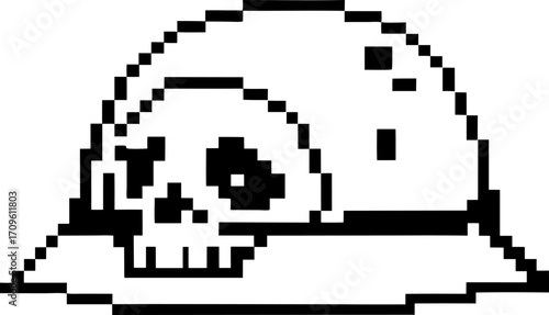 Pixel art skull partially buried in ground retro 8 bit monochrome design, isolated, minimalistic black and white illustration