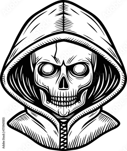 Grim reaper skull with hood, detailed black and white line art illustration, gothic horror spooky occult design