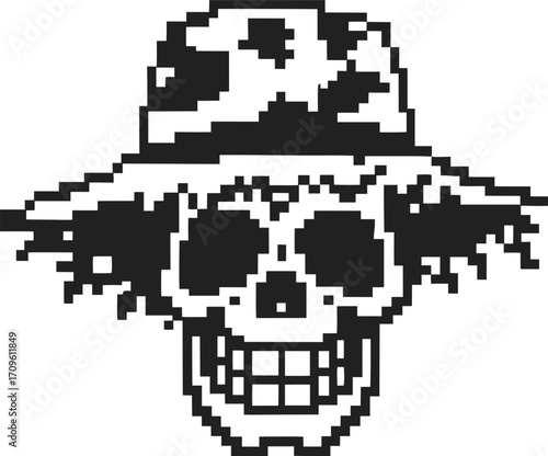 Pixel art skull with wide brimmed hat, grinning face, retro black and white style, digital illustration, spooky icon