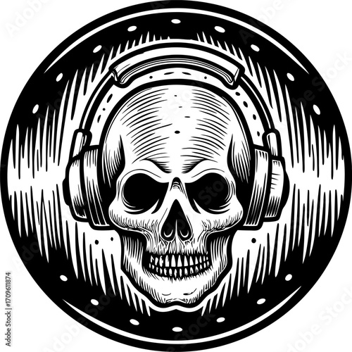 Grunge music skull emblem with headphones monochrome gothic punk illustration for album covers, tattoo design, audio icon, rock culture