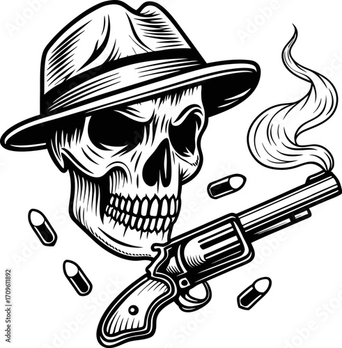 Skull wearing fedora with smoking revolver and flying bullets vintage gangster criminal symbol illustration