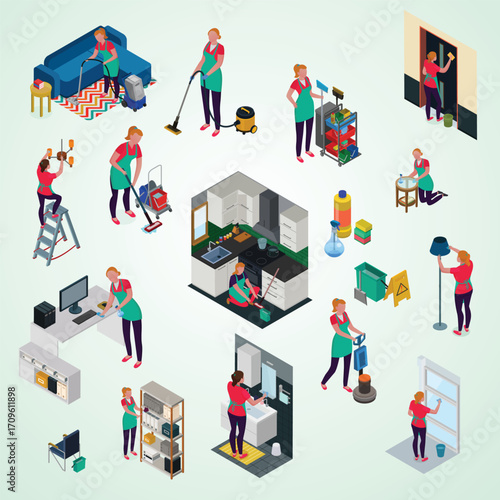 Isometric Style Various Cleaning Activity Illustration with People and Equipment