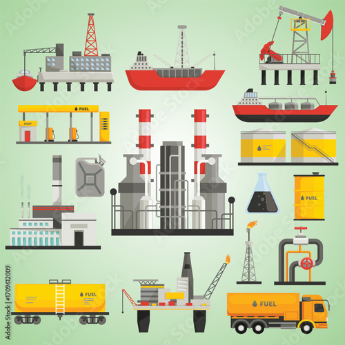 Detailed Flat Design Oil and Gas Industry Exploration and Production Illustration