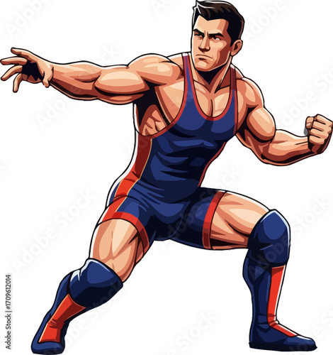 Illustrated wrestler in navy blue and red leotard crouches in dynamic pose with determined expression, rendered in a clean cartoon style ideal for sports or entertainment marketing.