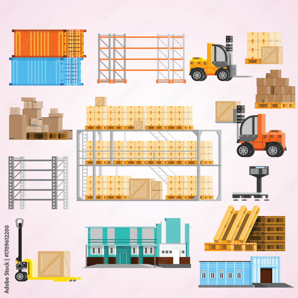 Fototapeta premium Flat Illustration Style Warehouse Equipment and Structures Logistics Distribution Elements