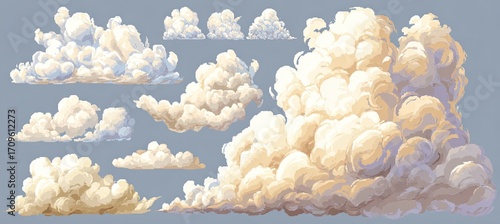 Pixel art collection of various cumulus clouds against a light grey sky