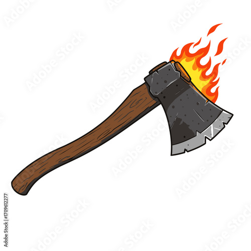 Burning Axe Illustration with Fire Flames – Scary Horror Weapon Cartoon for Halloween Design