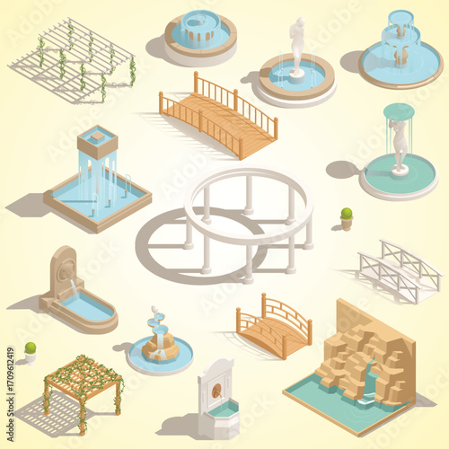 Isometric Landscape Garden Element Set with Fountain Bridge and Pergola Structures