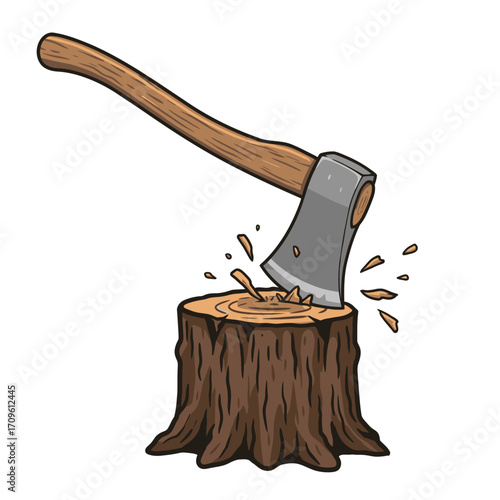 Axe Stuck in Wooden Stump Illustration – Horror Tool Cartoon for Halloween and Scary Designs