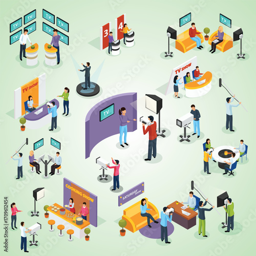 Isometric Television Studio and Show Production Scene with Broadcasters and Crew