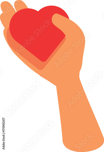 Hand gently holding a vibrant red heart, symbolizing love, care, and emotional support