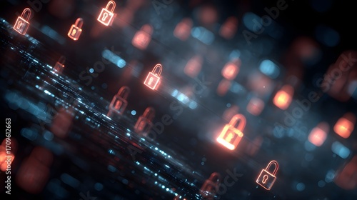 Abstract cybersecurity scene with floating locks representing data ...