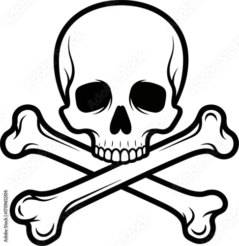 Monochrome skull with crossed bones illustration conveys a symbolic warning in a stark black and white graphic, ideal for use in thematic designs and cautionary material.