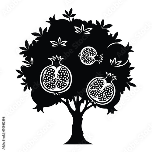 Silhouette of a pomegranate tree abundantly bearing ripe fruit and leaves silhouette
