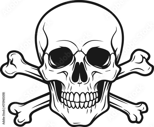 Vector skull and crossbones illustration in black and white, creating a stark, cautionary design that can be used for various themes and designs.
