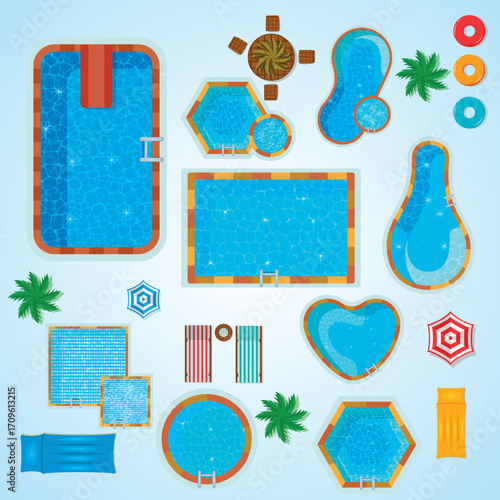Flat Lay Swimming Pool Different Shape with Palm Tree Element Illustration
