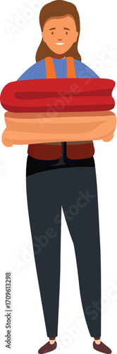 Volunteer carrying a stack of warm clothes, offering help and support to those in need