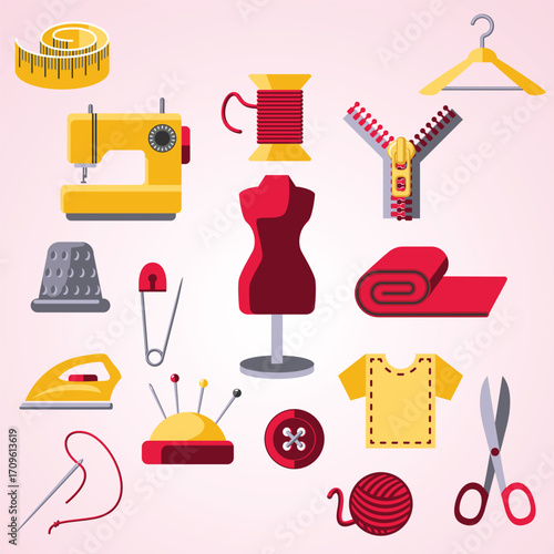 Flat Illustration of Sewing Accessories and Equipment for Tailoring Project