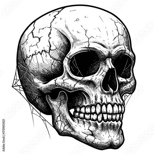Detailed Human Skull Drawing for Tattoo Art or Gothic Horror Graphic Elements