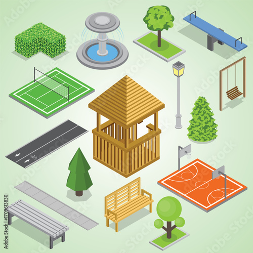 Isometric Park Element Flat Design for City Map Illustration Design