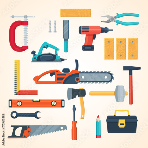 Flat Design Detailed Collection of Hand Tools for Woodworking and Repair