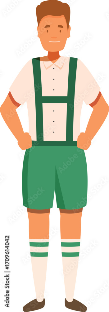Naklejka premium Young man wearing traditional bavarian costume with green leather shorts and suspenders, celebrating oktoberfest