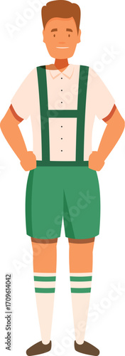 Young man wearing traditional bavarian costume with green leather shorts and suspenders, celebrating oktoberfest