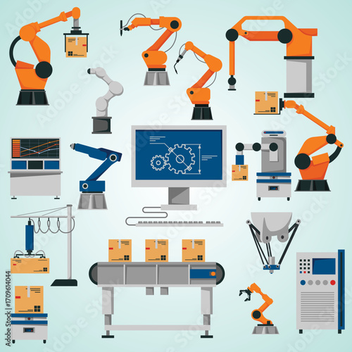 Flat Style Manufacturing Detail Robot Arm Conveyor Belt and Automation Process Industry